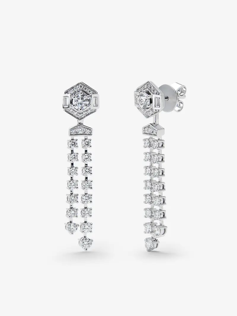 Pendientes de oro blanco de 18K con diamantes en talla brillante con un total de 1,25 cts y diamantes en talla baguette de 0,1 cts