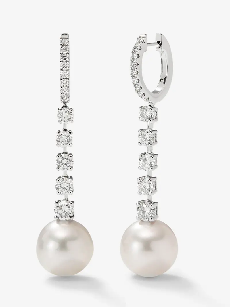 Pendientes de oro blanco de 18K con diamantes en talla brillante de 0,4 cts y perlas australianas de 10,5 mm