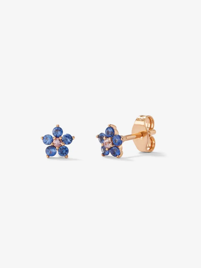 Pendientes de oro rosa de 18K con zafiros azules y rosas en talla brillante en forma de flor
