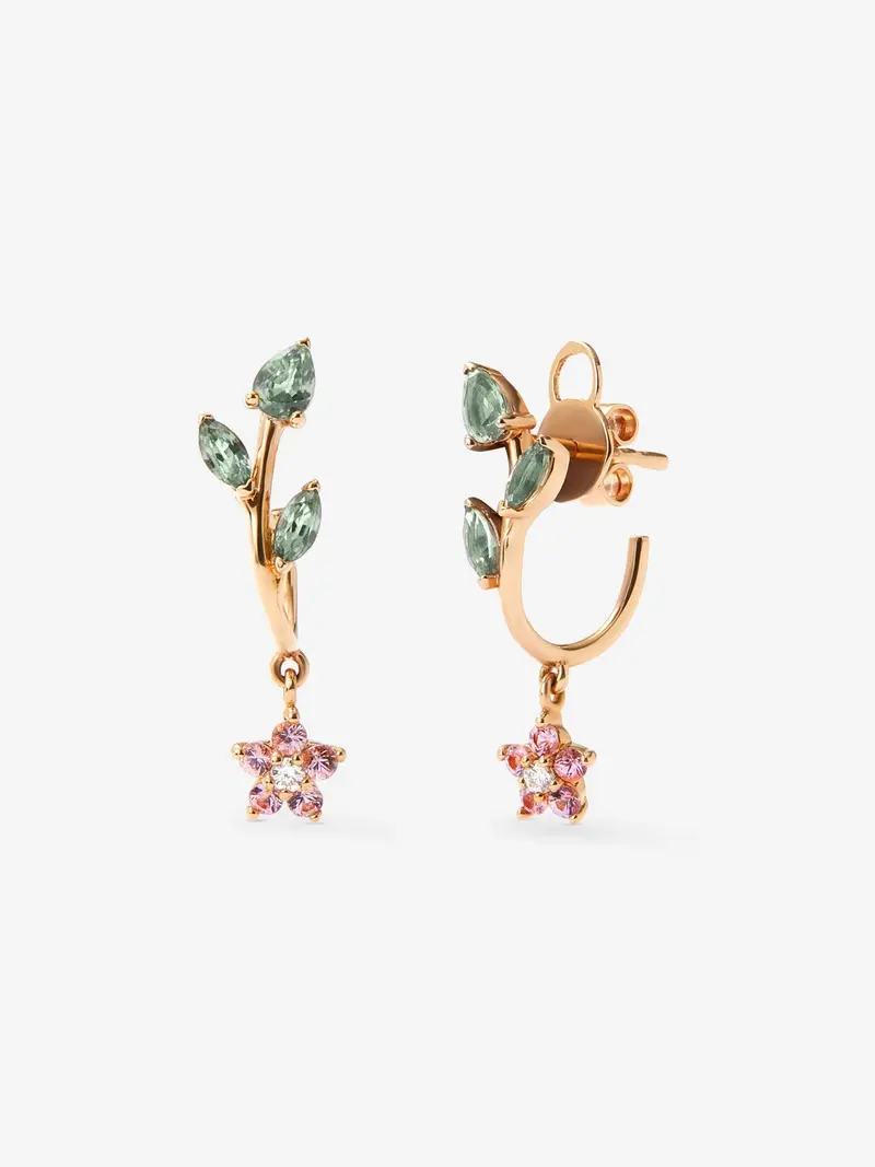 Pendientes de oro rosa de 18K con zafiros rosas y verdes en talla brillante de 1 cts