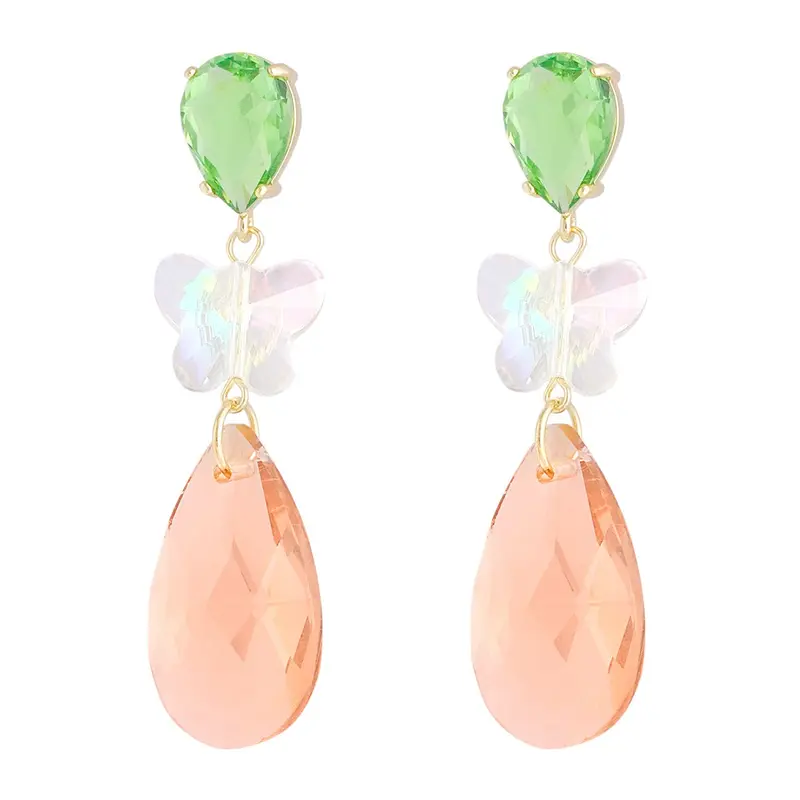 Pendientes de piedra de cristal color verde con mariposa blanco y lágrima de cristal naranja  acabado oro - mbyou