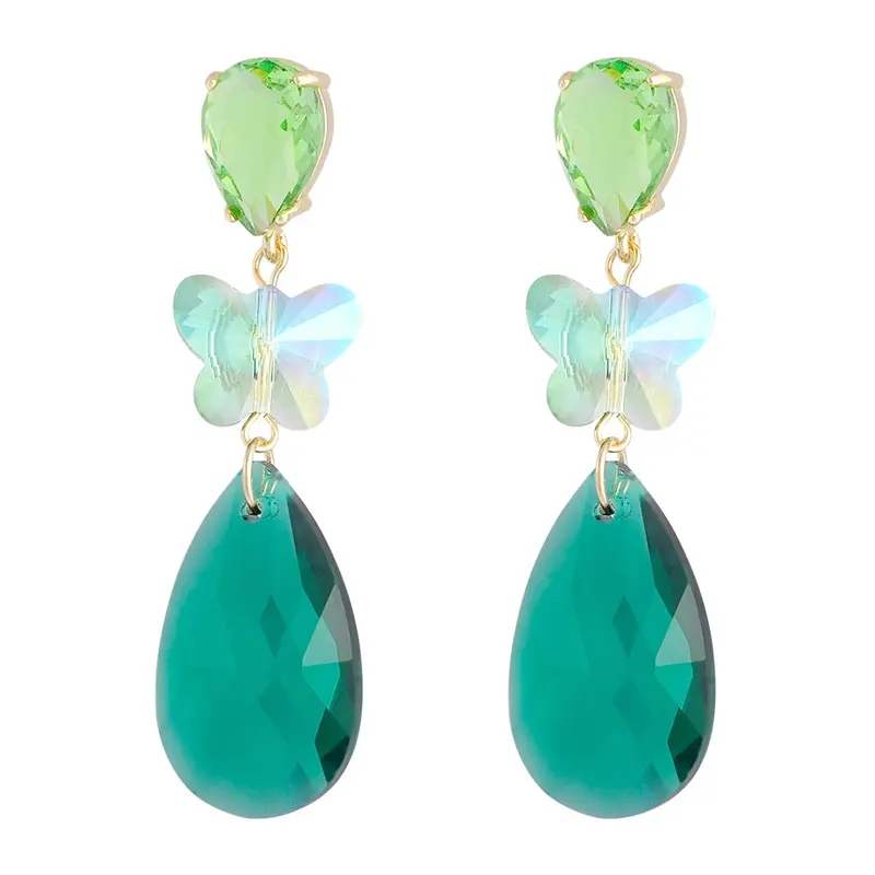 Pendientes de piedra de cristal color verde con mariposa y lágrima de cristal tonos verdes acabado oro - mbyou