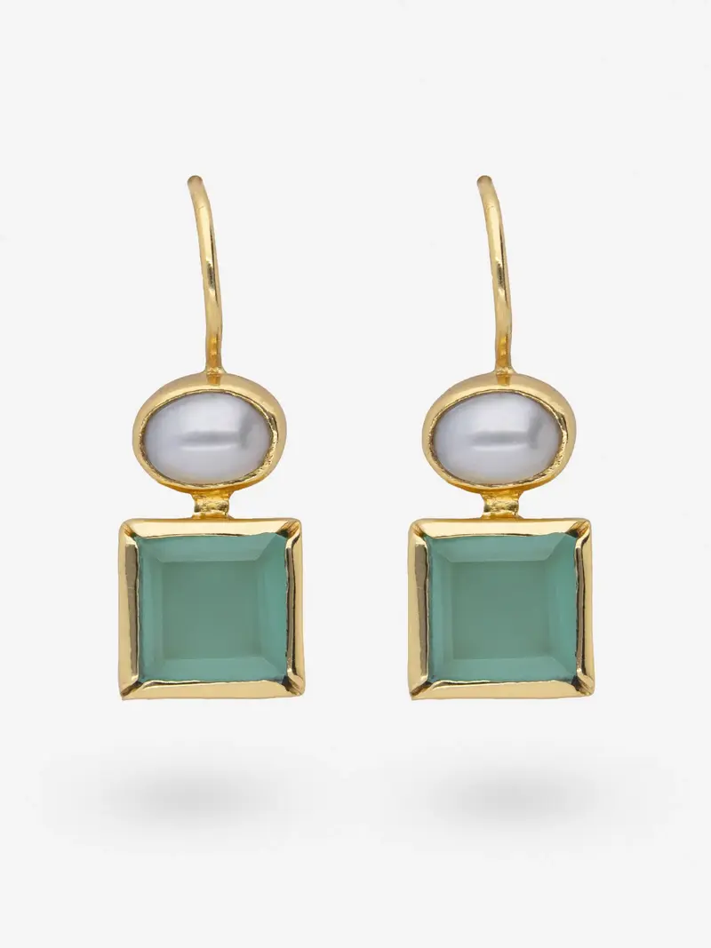 Pendientes de plata 925 chapada en oro, perlas y ónix cuadrado verde