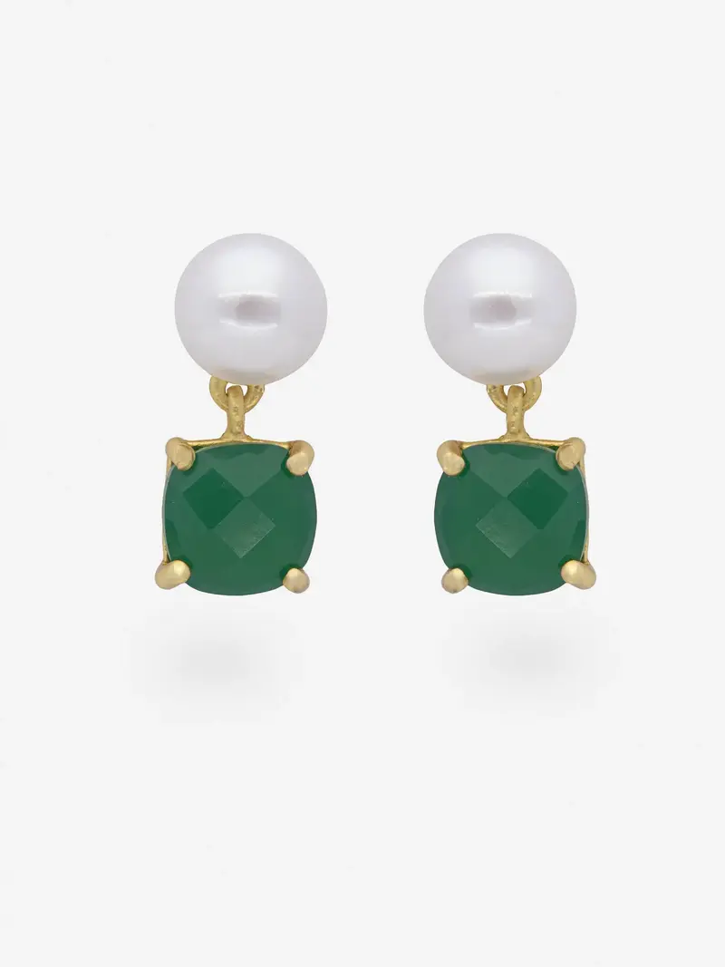 Pendientes de plata 925 chapada en oro, perlas y ónix verde