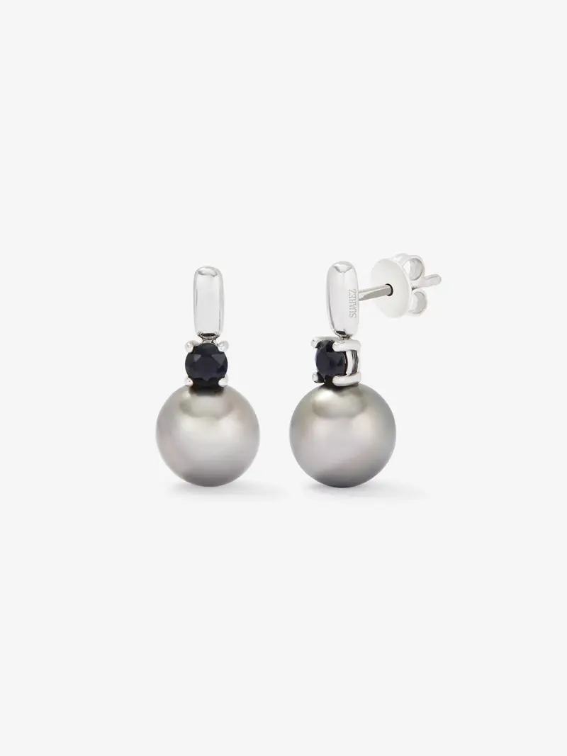 Pendientes de plata 925 con 2 espinelas negras en talla brillante y 2 perlas de Tahití de 9,5mm