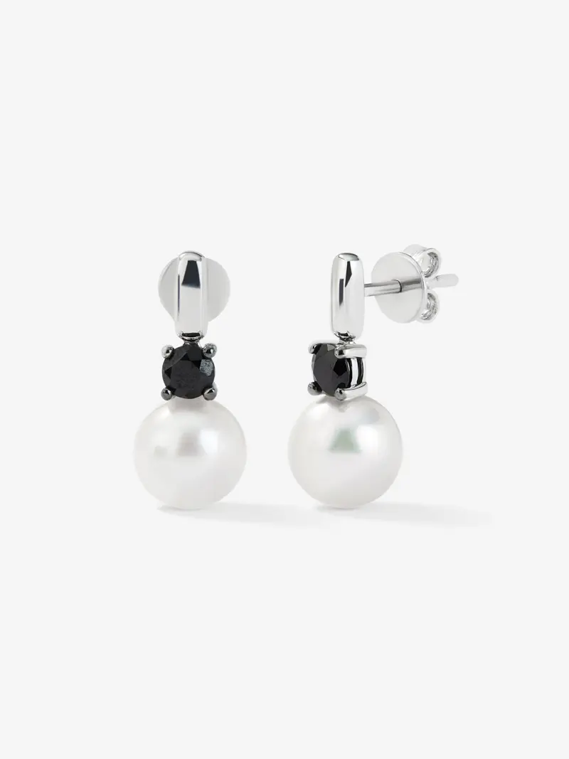 Pendientes de plata 925 con 2 espinelas negras en talla brillante y perlas akoya de 8,5mm