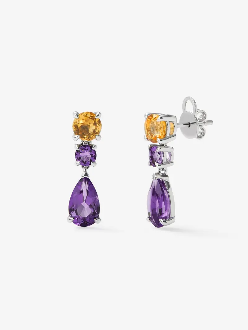 Pendientes de plata 925 con amatistas moradas en talla pera de 2,56 cts y en talla brillante de 0,42 cts, y cuarzos citrinos en talla brillante de 1,18 cts