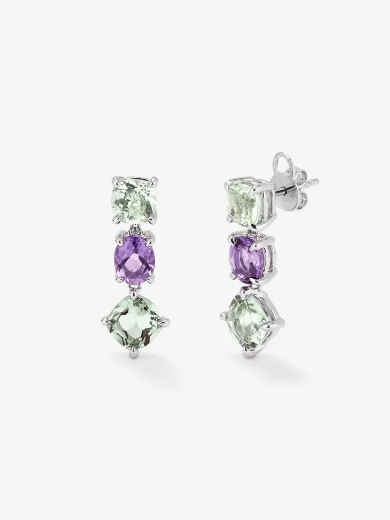 Pendientes de plata 925 con amatistas verdes y moradas en talla cushion y oval de 5,94 cts
