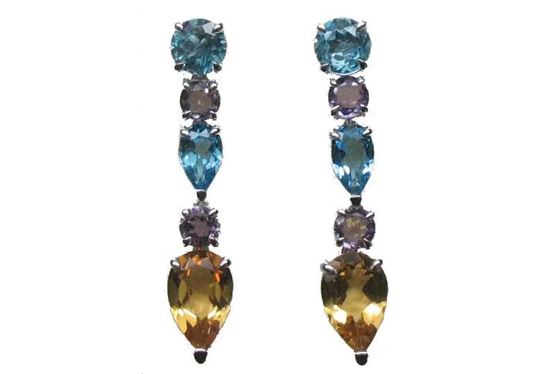 Pendientes de plata 925 con cuarzos citrinos amarillos, topacios azul swiss y amatistas moradas
