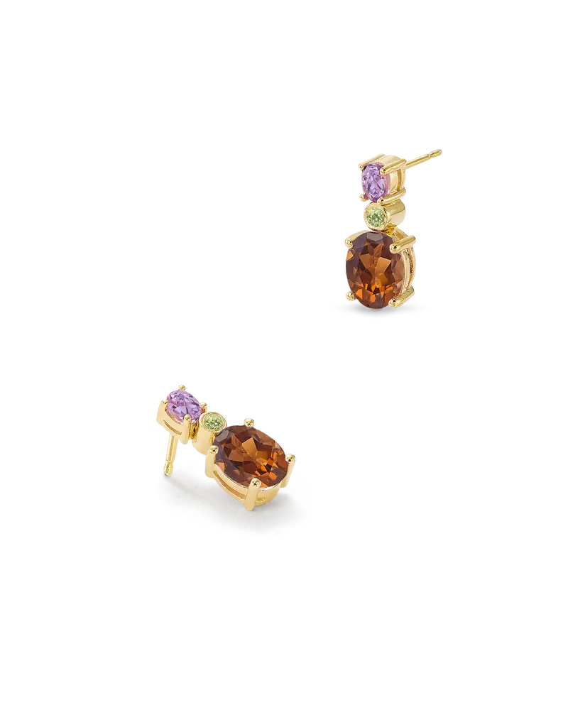 Pendientes Elipt cuarzo fumé, amatista y peridoto, plata dorada