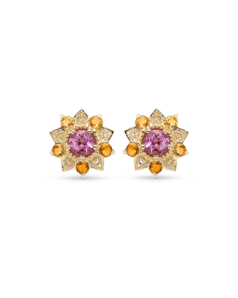 Pendientes Flor de Loto citrinos y amatista, oro