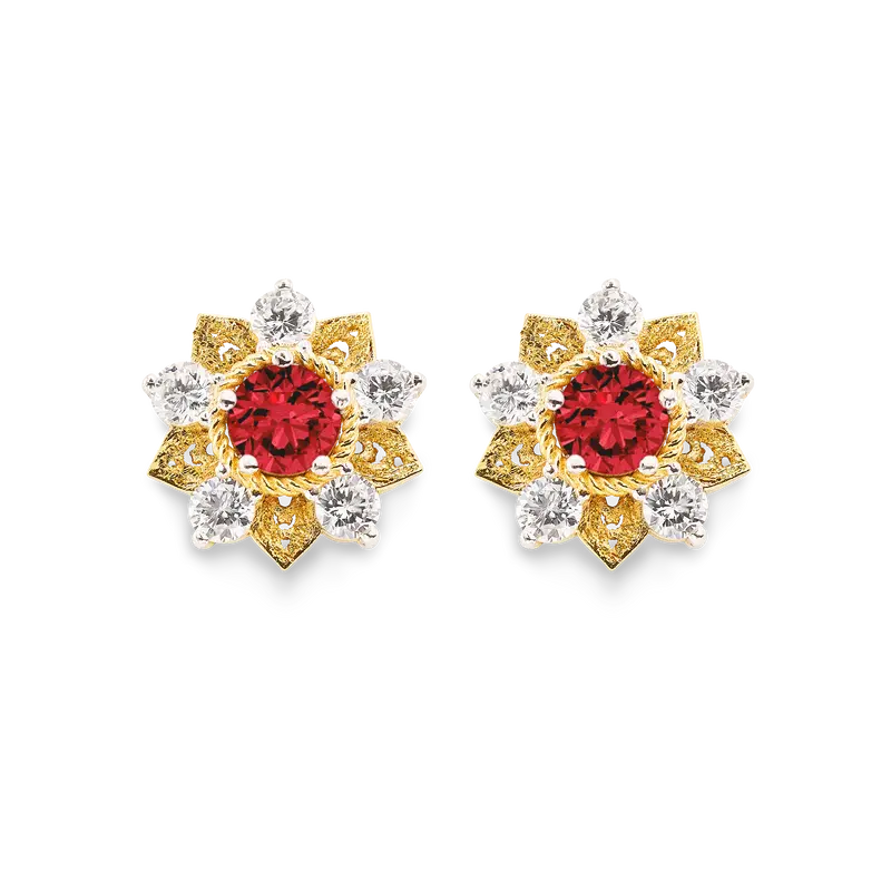 Pendientes Flor de Loto pequeños rubíes, oro