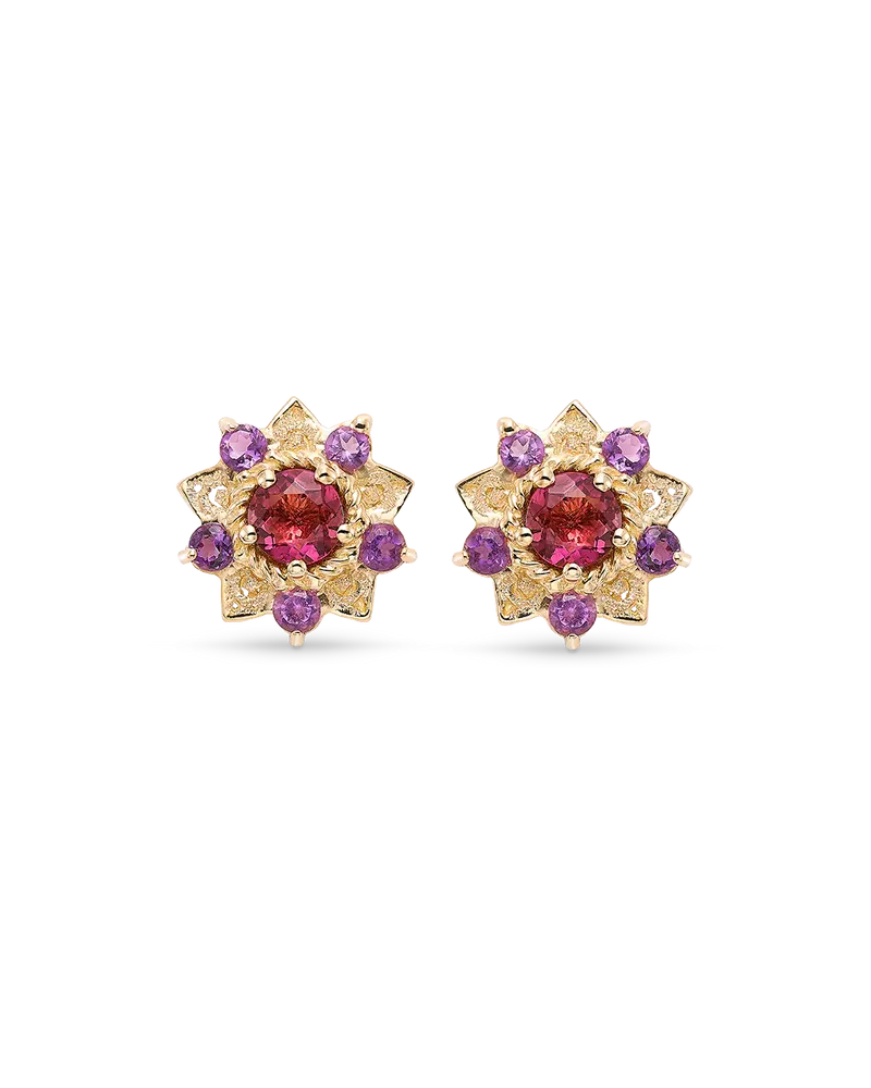 Pendientes Flor de Loto turmalinas y amatista, oro