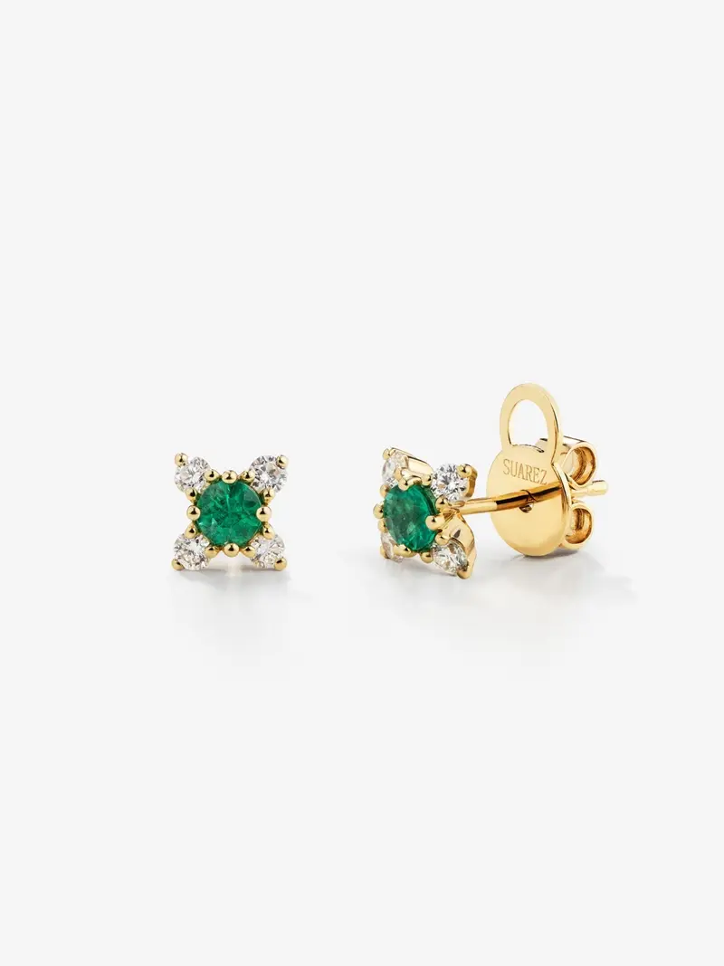 Pendientes flor de oro amarillo de 18K con esmeralda y diamantes