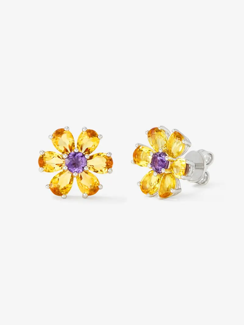 Pendientes flor de plata 925 con amatista y citrino