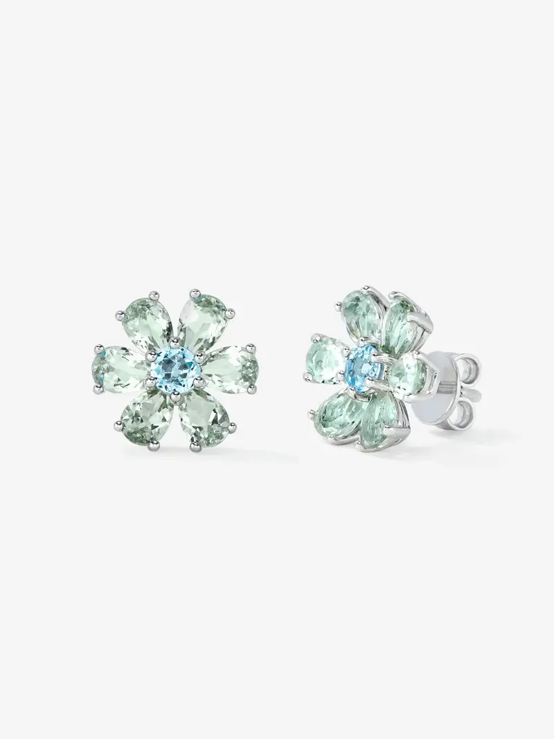 Pendientes flor de plata 925 con topacio y amatista verde