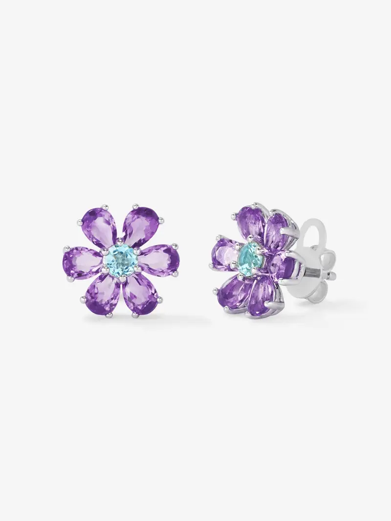Pendientes flor de plata 925 con topacio y amatista