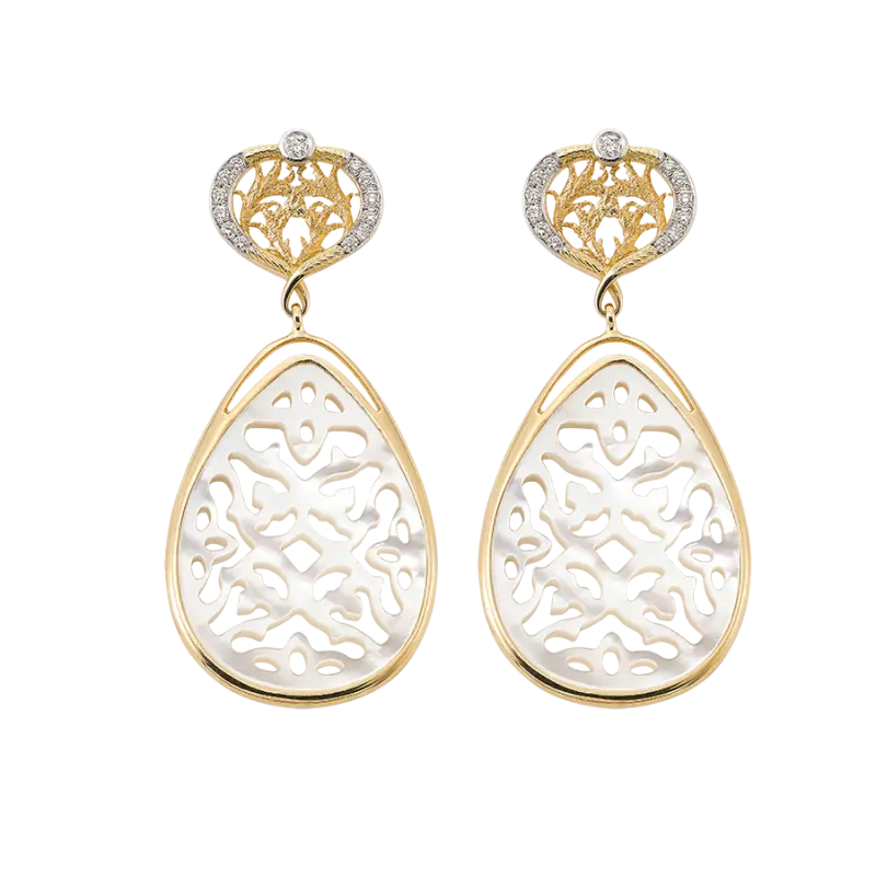 Pendientes Lágrima nácar y diamantes, oro