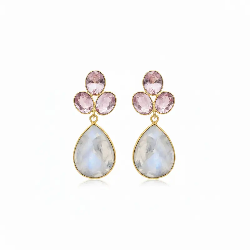 Pendientes largos con cristales en rosa y piedra natural colgante en blanco