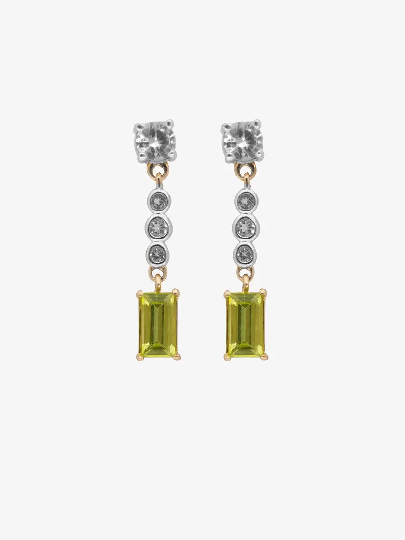 Pendientes largos con Topacio Blanco y Peridoto en Plata 925 chapada en oro