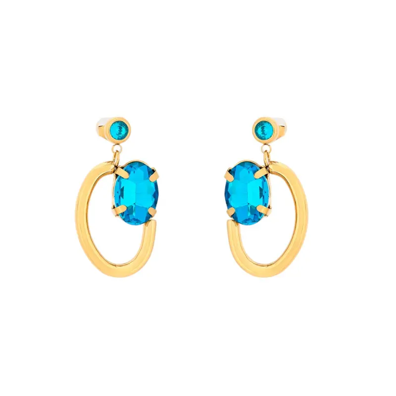 Pendientes largos de acero ovales con cristal azul turquesa acabado oro - mbyou