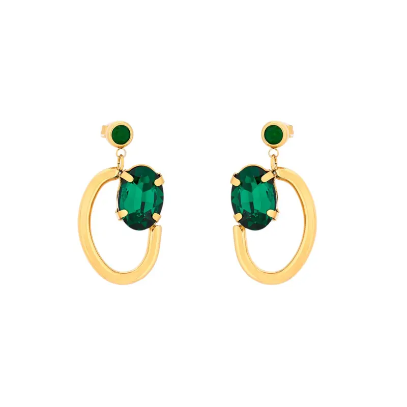 Pendientes largos de acero ovales con cristales verdes acabado oro - mbyou