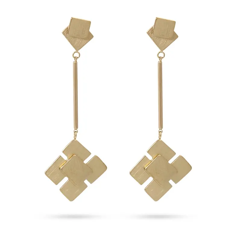 Pendientes largos de acero pulido mate con diseño de cuadrados desprendidas en un palo recto acabado oro - mbyou