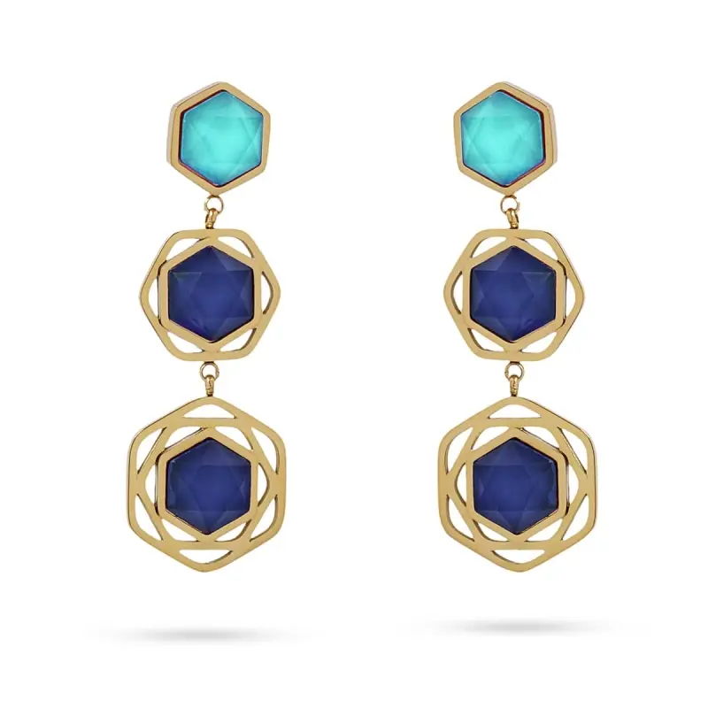 Pendientes largos de acero quirúrgico con piedra turquesa y azul acabado oro - mbyou