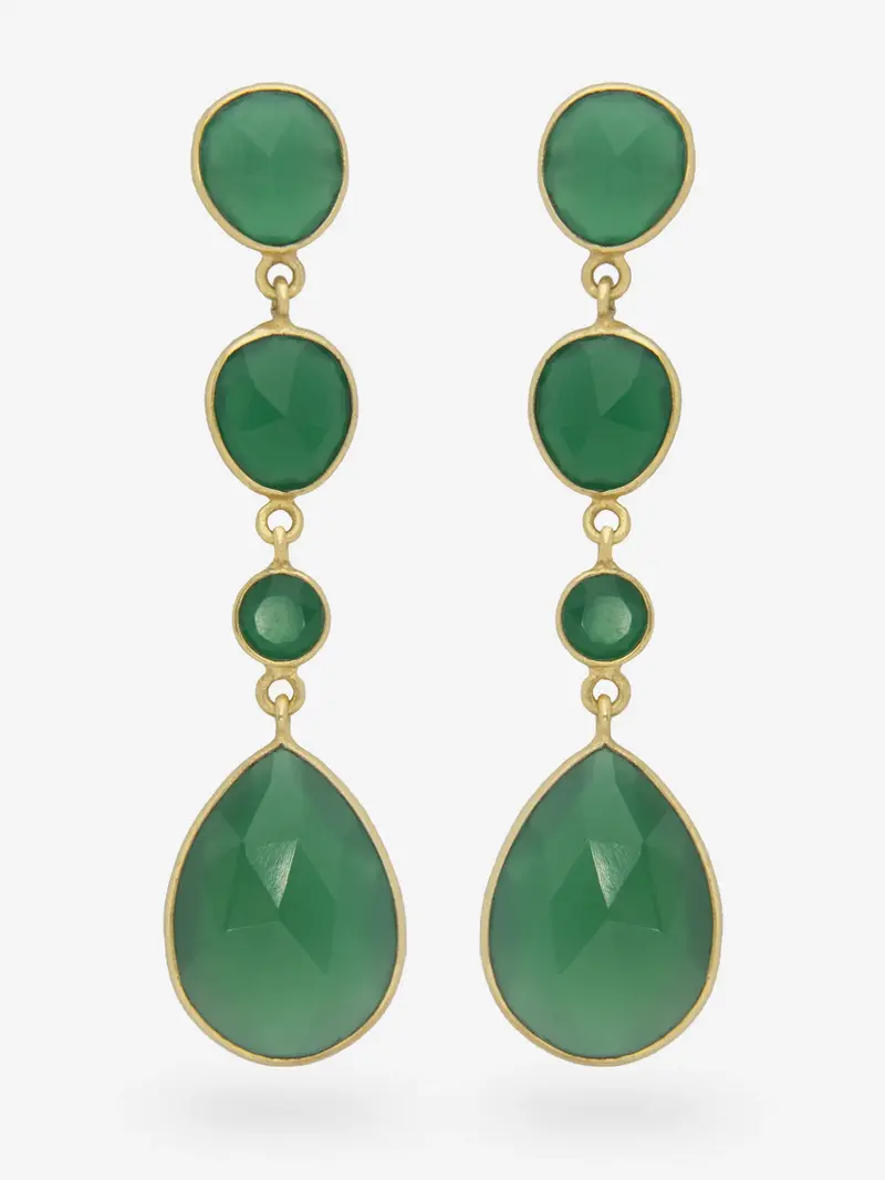 Pendientes largos de gota de plata 925 chapada en oro y ónix verde