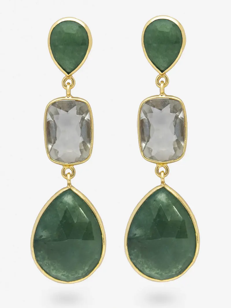 Pendientes largos de plata 925 chapada en oro, aventurina verde, amatista verde y ágata mugosa