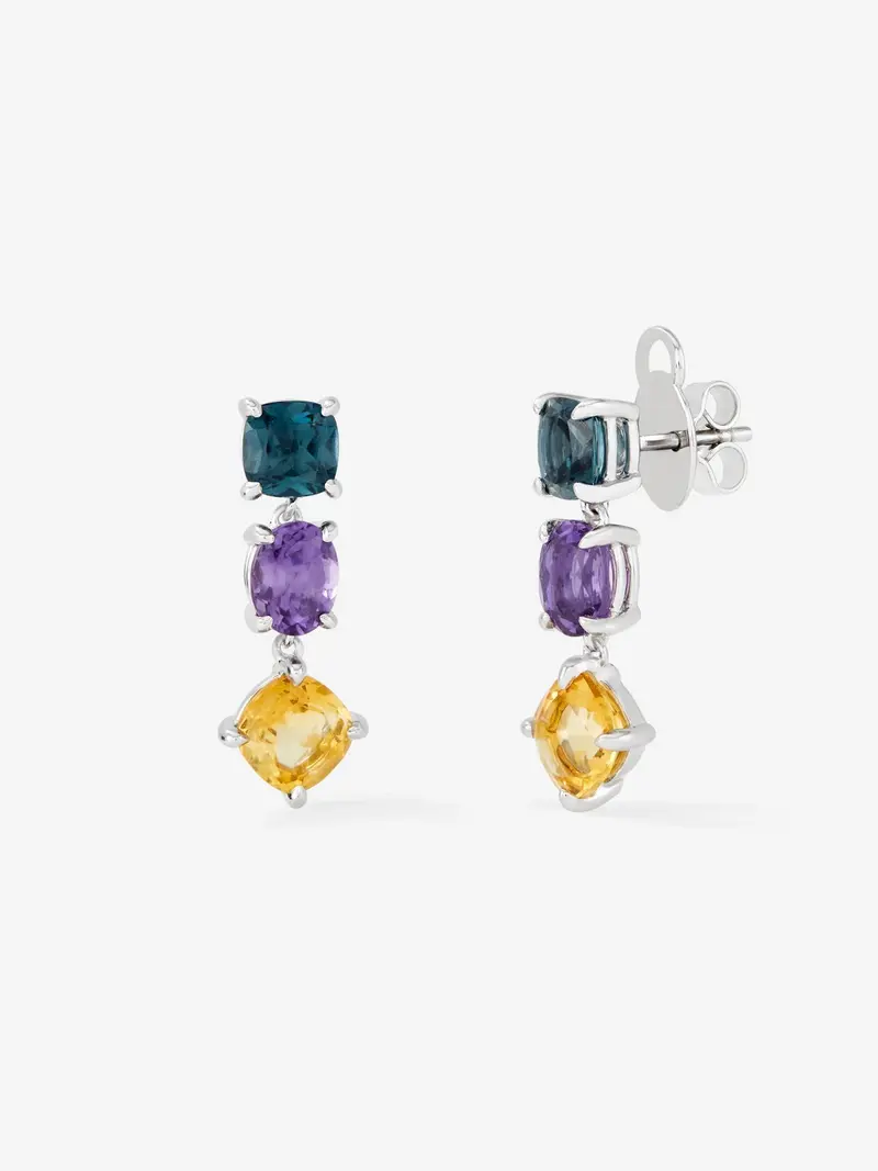 Pendientes largos de plata 925 de topacio, amatista y citrino