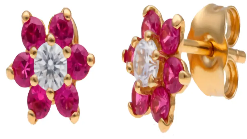 Pendientes Rosetón Flor en Oro de 18 Kl con Circonitas y Piedras Rojas