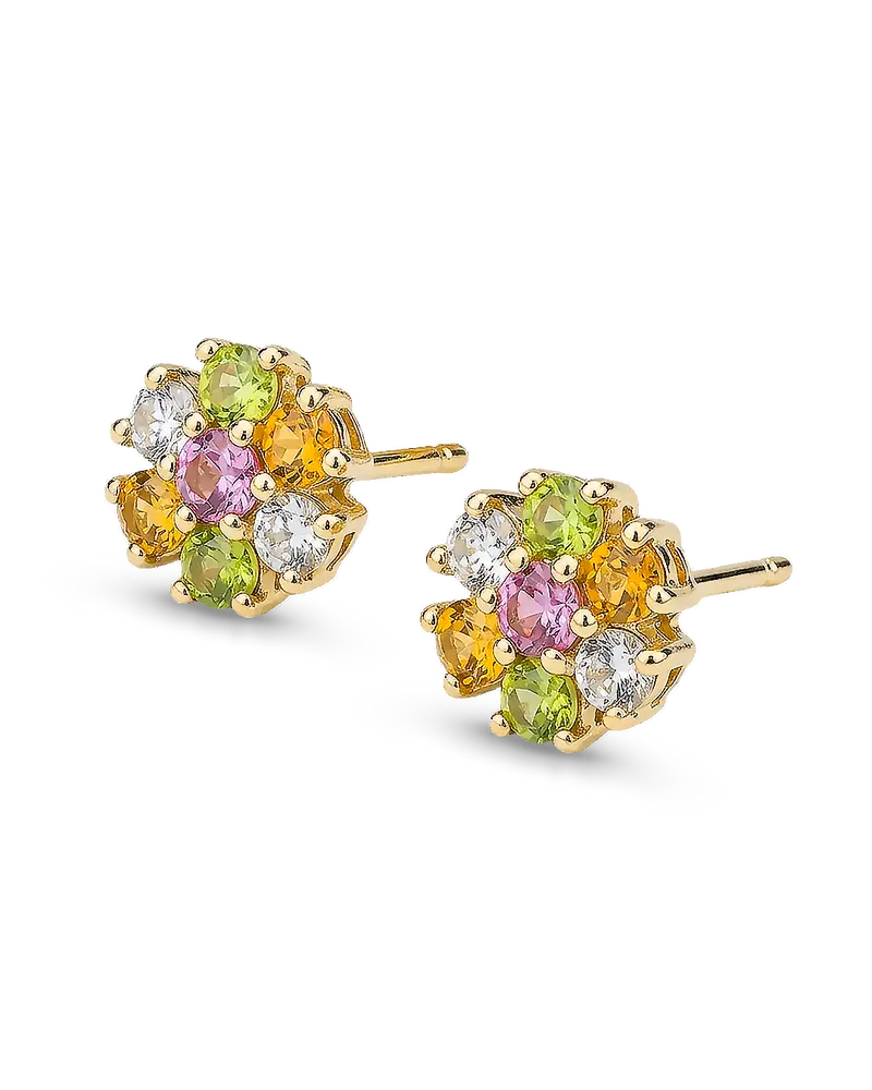 Pendientes Rosetón topacios, citrinos, amatistas y peridotos, plata dorada