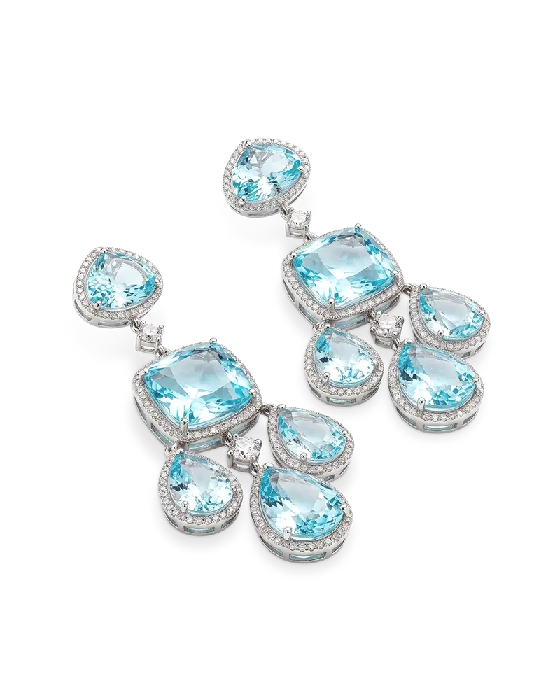 Pendientes Victoria largos topacios azules y diamantes, oro blanco