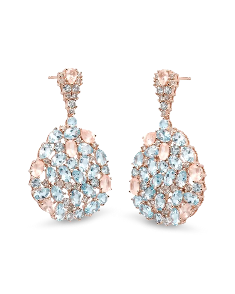 Pendientes Vivaci topacios azules y cuarzo rosa, plata rosa