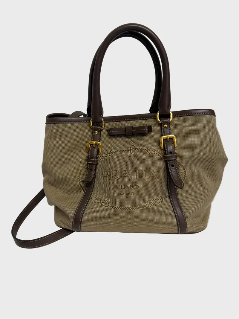 Prada Logo Jacquard Handbag | Canvas Beige Brown