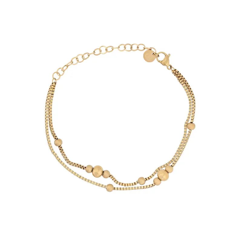 Pulsera acero con doble cadena con esferas pequeñas en diferentes texturas en acabado oro