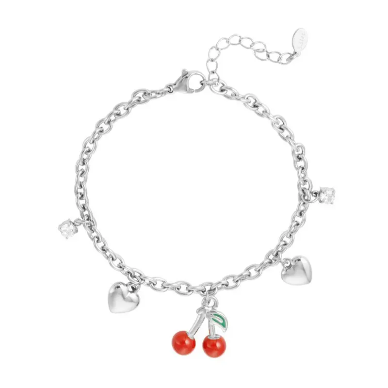 Pulsera acero de eslabones con dijes corazón, cerezas y brillantes acabado plata - mbyou