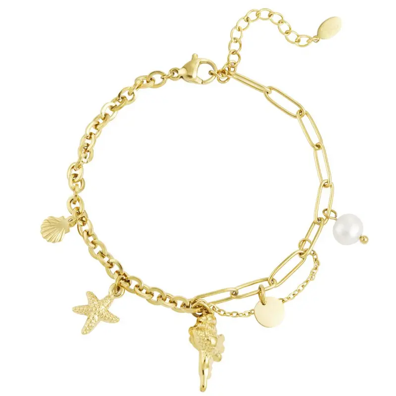 Pulsera acero de eslabones con dijes estrella marina, conchas y perlas acabado oro- mbyou