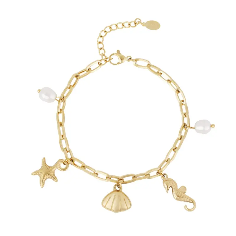 Pulsera acero de eslabones con dijes estrella marina, conchas y perlas acabado oro - mbyou