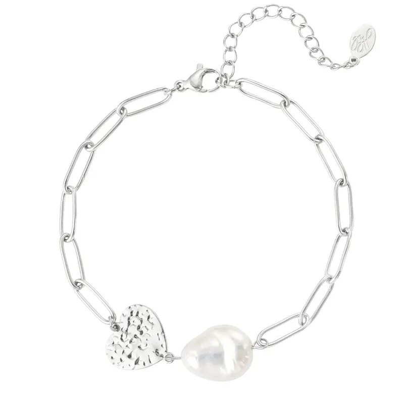 Pulsera acero inoxidable corazón y perla natural acabado plata