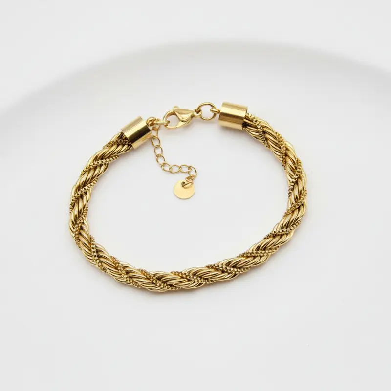 Pulsera acero inoxidable en forma de cordón trenzado grueso acabado oro
