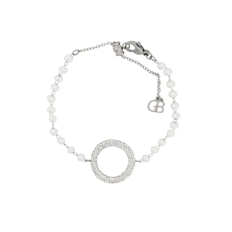 Pulsera acero perlas y charm circular con brillitos acabado plata