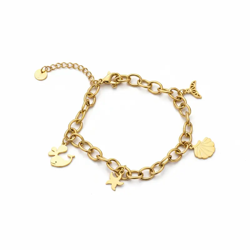 Pulsera de acero con cadena de eslabones y dijes marinos en acabado oro