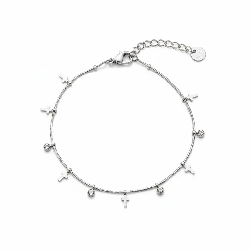 Pulsera de acero con dijes de cruces y circonitas