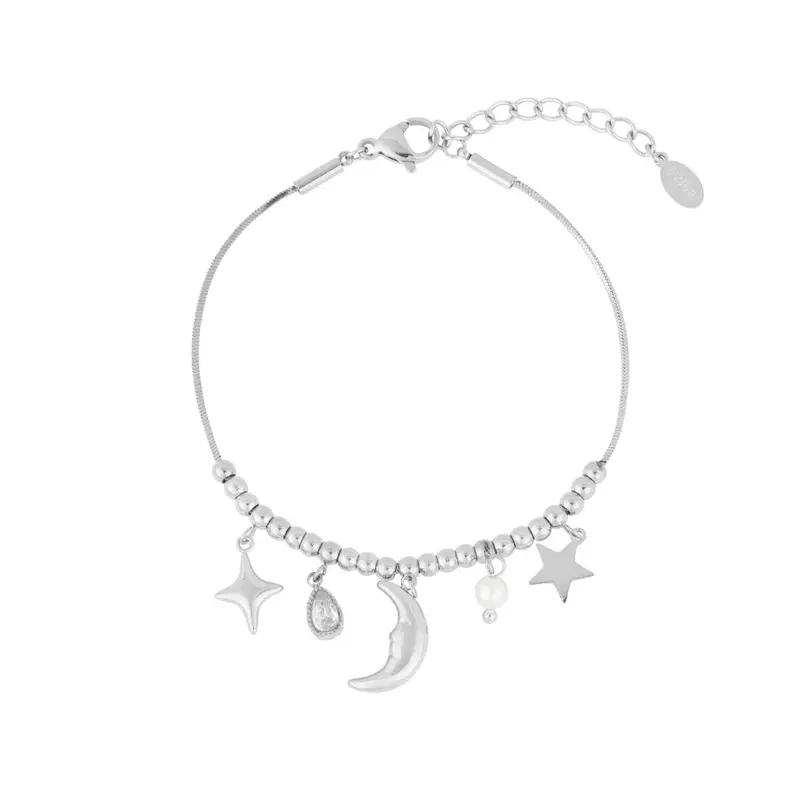 Pulsera de acero con esferas y dijes variados en acabado plata
