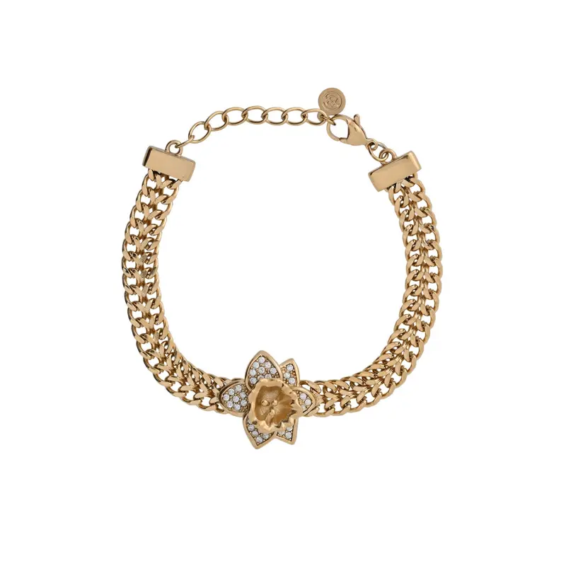 Pulsera de acero con malla y flor de Lis de circonitas acabado oro