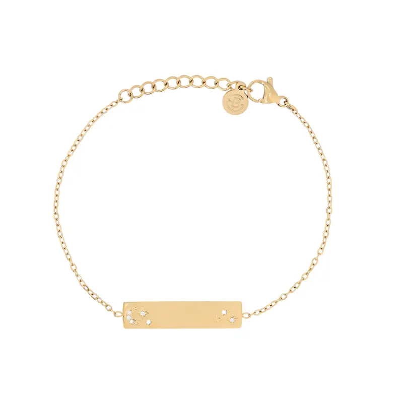 Pulsera de acero con placa para grabar con detalles de estrellas y una luna de circonita acabada oro - mbyou