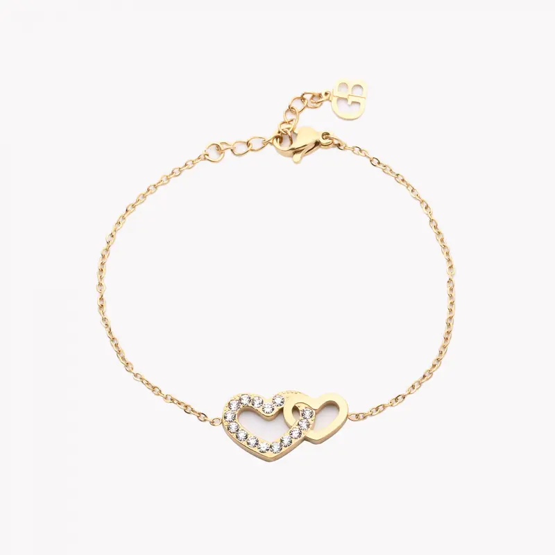 Pulsera de acero corazones entrelazados con brillantes oro