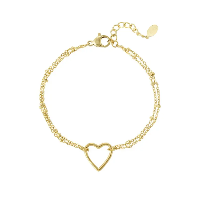 Pulsera de acero doble con bolitas y corazón liso acabado oro - mbyou